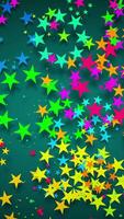 Animation of bright, colorful stars spinning and floating on a dark background in an endless loop. A fun, dynamic background for holidays, videos, intros, and kids content. Looped animation. video