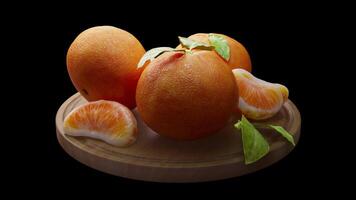 Looping animation around a composition of tangerines lying on a wooden board. Loop motion. Alpha Channel. Close-up. video