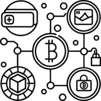 Black and white line art illustration of a blockchain network showing Bitcoin cryptocurrency symbols connected by lines circles and security padlock icons including a V R headset and a vector