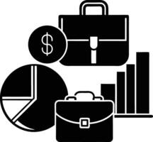 Black and White Business Icons Briefcases Pie Chart Bar Graph Dollar Sign Finance Investment Success Strategy vector