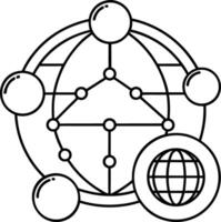 Black and white illustration of a global network with interconnected circles and a central globe graphic vector