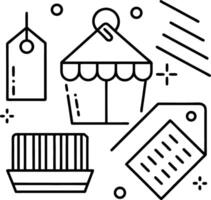 Black and white line art illustration of barcodes Q R codes price tags and a market stall canopy vector