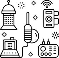 Black and White Line Art Icons of Retro Telephones Radios and Messaging Devices message vector