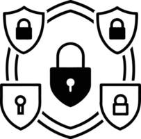 Black and White Icon Graphic Depicting Four Shields Surrounding a Central Padlock Symbol Illustrating Data Security and Protection vector