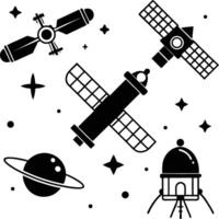 Black and white illustration of satellites planet and spaceship in outer space stars vector