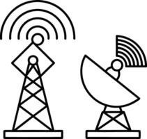 Black and White Line Art Illustration of a Communication Tower and Satellite Dish Broadcasting Wireless Signals vector