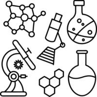 Black and white line art illustration of science lab equipment including microscope flask beaker molecule honeycomb and test tube vector
