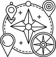 Black and white illustration of a compass rose surrounded by location markers plus signs and a circular compass vector