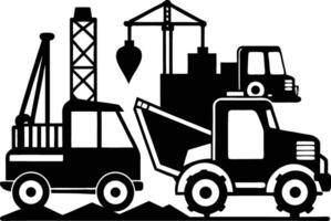 Black and White Illustration of Construction Vehicles Dump Truck Crane and Excavator on Ground vector