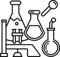 Black and white line drawing of scientific glassware including Erlenmeyer flasks test tubes and a beaker on a stand with a magnifying glass vector