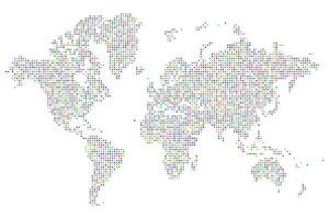 Multicolour polygon shape dotted world map illustration showing point based earth design. Polygon shape dotted world map design. Multicolour dotted shape map vector