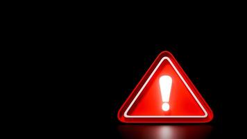 3D Red triangle warning sign symbol on black background. Emergency alert, and caution. Illustration with copy space photo