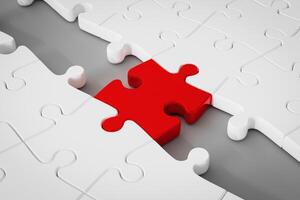 Red puzzle connecting the white puzzle. Concept of Solution, and perfect completion of pieces. photo