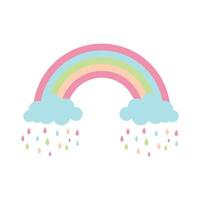 Pastel Rainbow with Light Blue Clouds and Colorful Rain Drops vector
