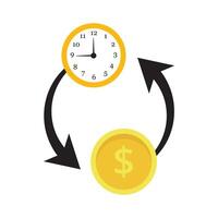 Yellow Clock and Gold Dollar Coin with Black Arrows Representing Time is Money vector