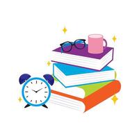 stack of books with clock and glasses vector