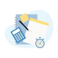 Blue Calculator with Black Pen, Yellow Sticky Notes, and Stopwatch on White Lined Paper for Productivity vector