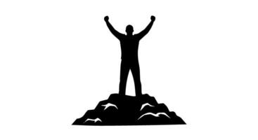 Minimalist Flat Illustration of Triumphant Male Silhouette Standing on Rugged Terrain with Raised Fists in Victory Pose vector
