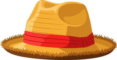 Flat Style Golden Yellow Straw Hat with Red Ribbon, Creased Crown, Upturned Brim, and Frayed Edges on White Background vector