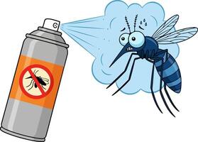 illustration of an insect repellent spray can emitting blue mist toward a startled mosquito on a white background. The can features a no-mosquito symbol and is angled left to right. vector