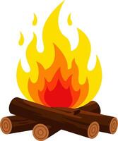 Flat Style Stylized Campfire with Smooth Dark Brown Logs and Vibrant Layered Flame in Yellow, Orange, and Red Orange vector