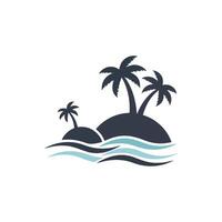 Flat Illustration of Two Tropical Islands with Palm Trees and Stylized Wavy Water Lines on White Background vector