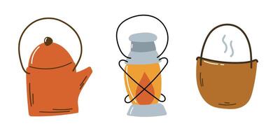 Set of camping elements with kettle and lantern vector