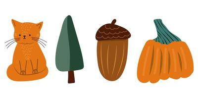 Set of autumn hand drawn cat, ancor, pumpkin and tree. vector