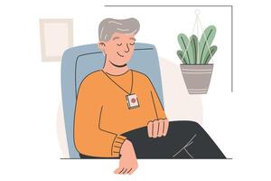 flat illustration of a relaxed elderly man with pendant emergency button sitting in a chair. Ideal for senior care, health services, support system visuals, or retirement home promotion. vector