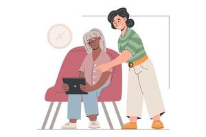 Elderly flat woman with digital tablet and smiling young helper. isolated cartoon illustration about intergenerational learning, support, digital literacy. Perfect for education and care. vector