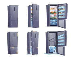 isolated set of refrigerators in various conditions, from clean and stocked to broken, empty, and rusty. Perfect for kitchen, appliance, repair, and food storage related visuals. vector