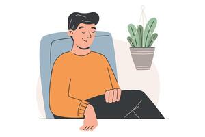 flat isolated illustration of a young man relaxing in an armchair. Minimal interior with indoor plant. Perfect for concepts of rest, mindfulness, daily routine, and modern lifestyle visuals. vector