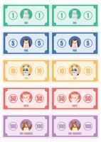 Set of colorful cartoon banknotes with cute animals and numbers, hippo, hedgehog, panda, cat, and bear. Fun pretend play money for kids, perfect for games, math, and learning activities. vector