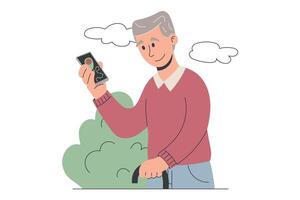 Elderly man with smartphone and cane walking outdoors. Flat isolated illustration showing active senior using navigation. Ideal for concepts of independence, mobility, and aging well. vector