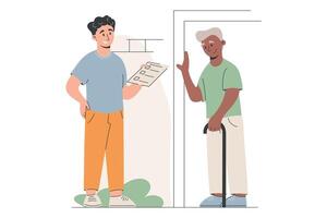 Flat Isolated cartoon illustration of a social worker or volunteer visiting an elderly man at home with a checklist. Concept of elderly care, support, and community help. vector