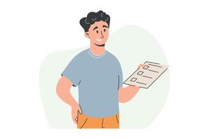 Young man holding a checklist. isolated flat illustration, perfect for presentations, productivity apps, healthcare visuals, and educational materials related to planning and organization. vector