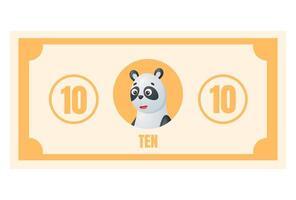 Playful cartoon banknote with panda character and number ten. Bright yellow educational money for kids learning games, counting skills, pretend shopping, and early finance activities. vector