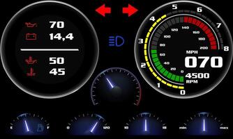 Illustration of speed display on car dashboard, modern illuminated car control panel with arrows and circular toolbars vector