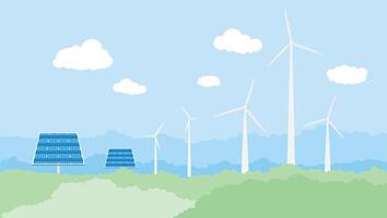 Clean Energy Fields, Solar Panels and Wind Turbines ,technology power saving, design vector