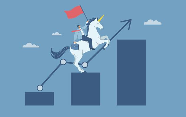 Unicorn startup symbol, Businessman riding unicorn jumping high with business arrow growing, Business startup concept, Symbol of success, Flat design illustration.