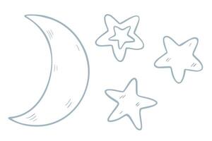 illustration of a Crescent moon with Stars in simple outline style. Linear pastel blue drawing of sky objects for bedtime stories, lullaby designs and baby shower invitations. Dreamy sketch. vector