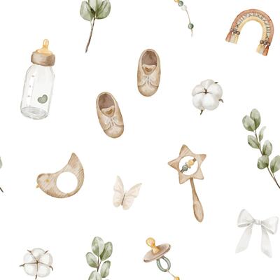 Watercolor seamless pattern with baby Toys, shoes, bottles, eucalyptus, and neutral accessories. Illustration of childish background for infant textile design or wrapping paper. Backdrop for banner.
