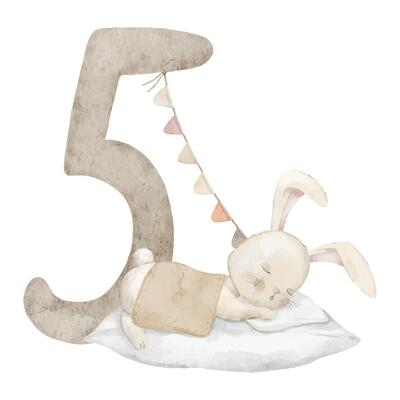 Watercolor illustration of cute sleeping Bunny with number five decorated and festive garland for children birthday designs or monthly milestone cards in pastel beige colors. Art of Rabbit for Baby.