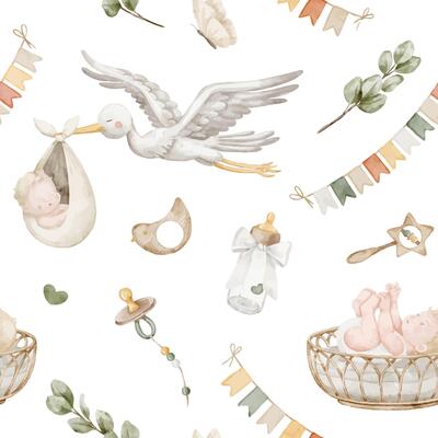 Seamless baby Pattern with watercolor Baby elements like stork, pacifier, bottle, toys, bunting, and infant in crib in pastel colors. Illustration of background for baby textile or nursery wallpaper.