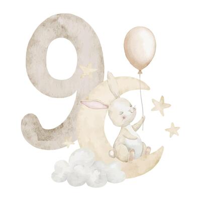 Watercolor illustration of cute Bunny on cloud with balloon and number nine for children birthday design or monthly milestone greeting cards in pastel beige colors. Art of Rabbit for Baby invitations.