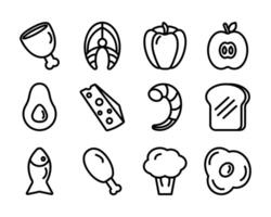 A set of icons of healthy food products in a linear style. Fish, meat, chicken, fruits and vegetables, for the design of the application, for the website, elements for web design. vector