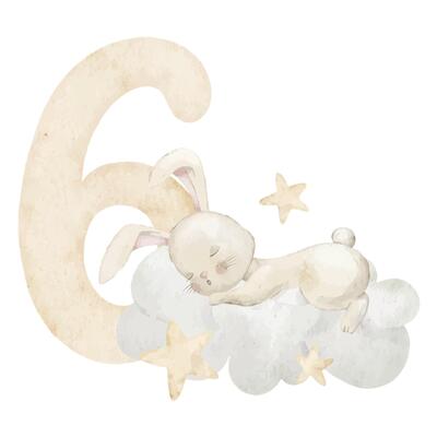 Watercolor illustration of cute Bunny sleeping on a cloud with stars and number Six for Birthday greeting cards or monthly milestone invitations in beige pastel colors. Art of Rabbit for Baby design.