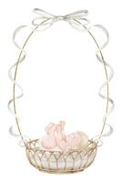 Watercolor Baby card with Infant in a wicker basket in oval frame and soft white ribbons. illustration of Template for baby shower invitations or newborn party greeting cards. Art with child. vector