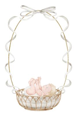 Watercolor Baby card with Infant in a wicker basket in oval frame and soft white ribbons. illustration of Template for baby shower invitations or newborn party greeting cards. Art with child.