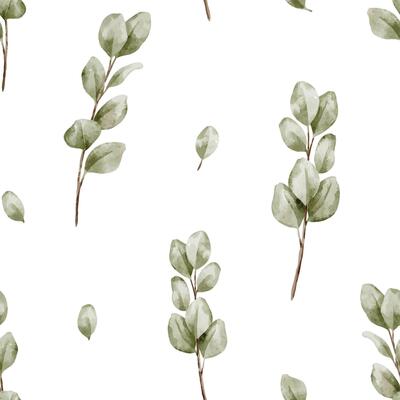 Seamless pattern of watercolor Eucalyptus branches for neutral baby fabrics, eco wrapping paper and nursery wallpaper. Illustration of botanical background for textile design. Backdrop with leaves.